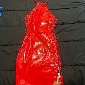 Sexy, red leather lace up dress.